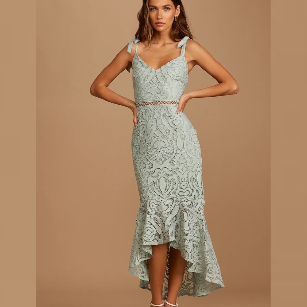 Lulus Size Medium Won Your Heart Sage Green Lace Tie-Strap High-Low Midi Dress